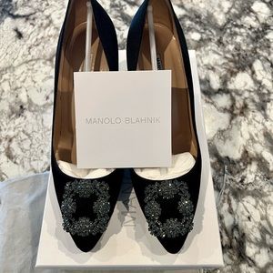 Manolo Blahnik - Black Satin Hangisi. Size 8 or M38.5. 2.75” heel.